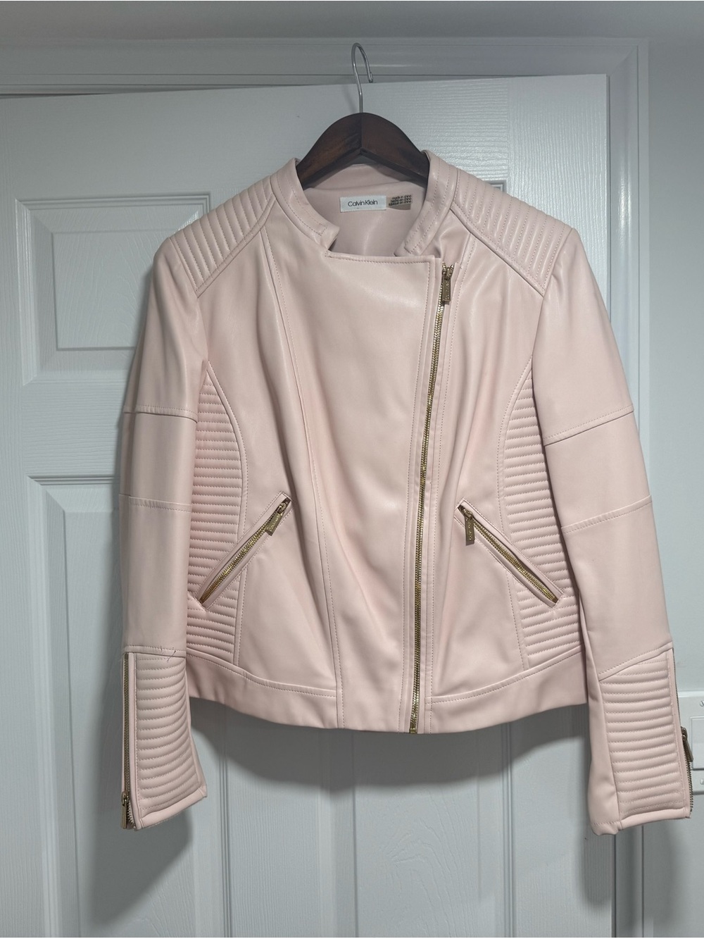 Calvin Klein Soft Pink Quilted Faux-Leather Moto Jacket